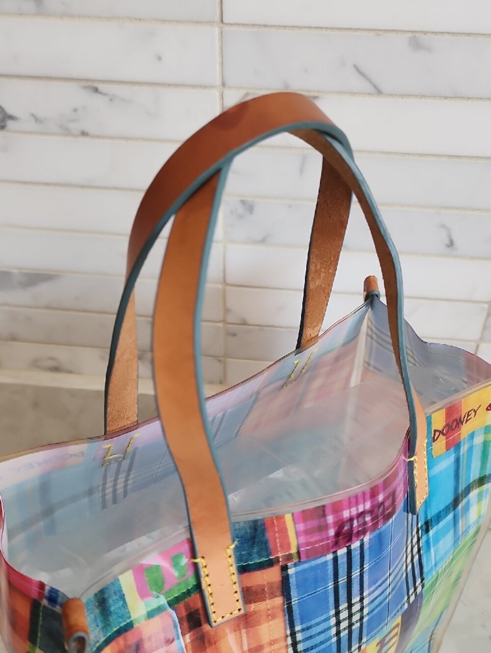 Dooney & Bourke Multicolor Plaid Patchwork Clear Tote with Brown Leather Handles - Picture 5 of 8